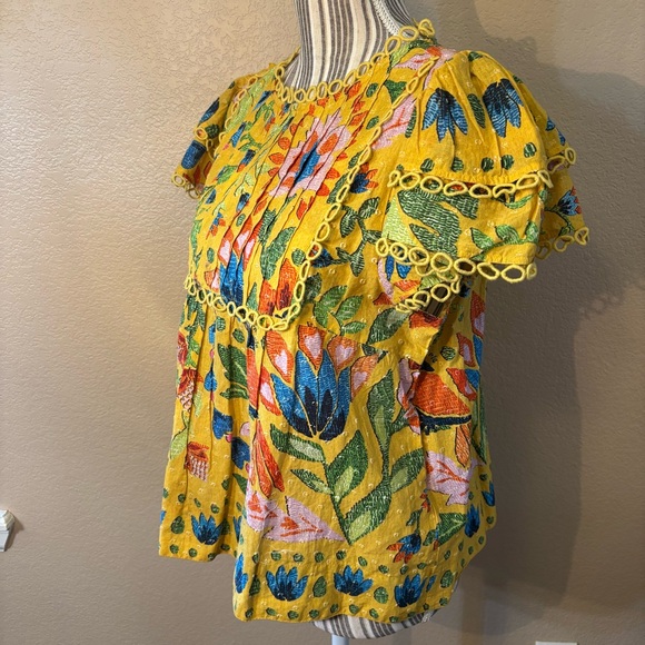 SALE! New FARM Rio Top XS Gold Yellow Floral Embroid Blouse 100% Cotton Peasant - Picture 7 of 15